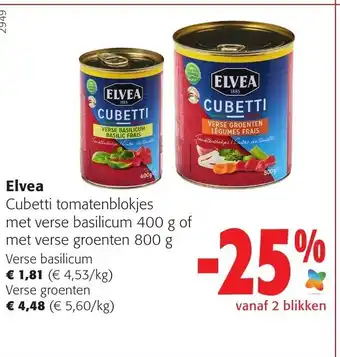 Colruyt Elvea Cubetti Tomatenblokjes Met Verse Basilicum 400g of Met Verse Groenten 800g aanbieding