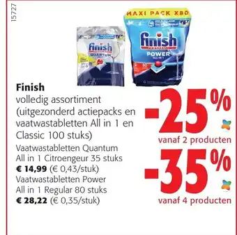 Colruyt Finish Volledig Assortiment Uitgezondered Actiepads en Vaatwastabletten All in 1 en Classic 100 Stuks aanbieding