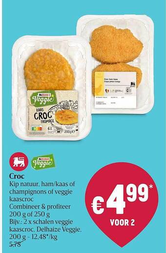 Delhaize Croc kip natuur, ham-kaas of champignons of veggie kaascroc aanbieding
