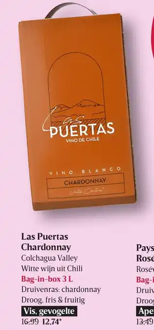 Delhaize Las Puertas Chardonnay Colchagua Valley Witte Wijn uit Chili Bag-inBox 3L aanbieding