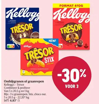 Delhaize Kellogg's - Tresor Ontbijtgranen of Graanrepen van 5 x 20.5g tot 1kg voor 3 aanbieding