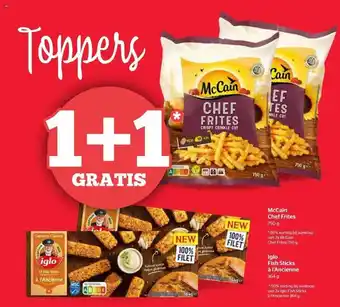 Spar Mccain chef frites, iglo fish sticks à l'ancienne aanbieding