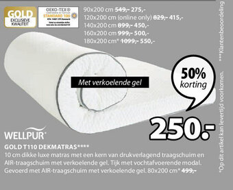 Jysk Wellpur Gold T110 Dekmatras**** 80x200 cm aanbieding