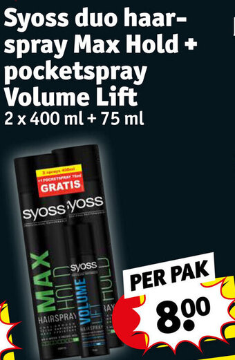 Kruidvat Syoss duo haarspray Max Hold + pocketspray Volume Lift aanbieding