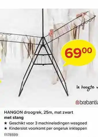 Euroshop Hangon droogrek, 25m, mat zwart met stang aanbieding