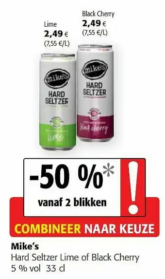 Colruyt Mike`s hard seltzer lime of black cherry aanbieding