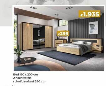 Bed, 2 nachttafels, schuifdeurkast