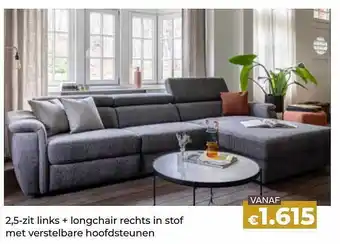 2,5 zit links + longchair rechts in stof met verstelbare hoofsteunen