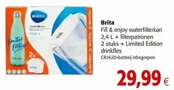 Colruyt Brita fill + enjoy waterfilterkan + filterpatronen + limited edition drinkfles aanbieding