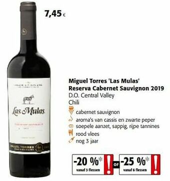 Colruyt Miguel torres las mulas reserva cabernet sauvignon 2019 d.o. central valley chili aanbieding