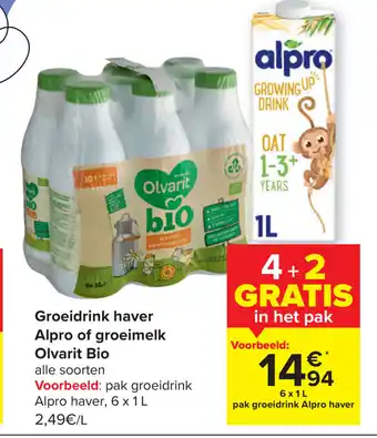 Carrefour Market Groeidrink Haver Alpro of Groeimelk Olvarit Bio Alle Soorten aanbieding
