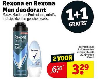 Kruidvat Rexona en rexona men deodorant 1+1 gratis aanbieding