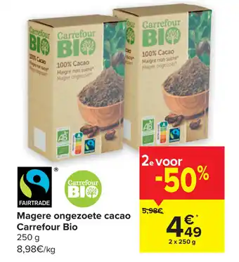 Carrefour Market Magere Ongezoete Cacao Carrefour Bio 2 x 250g aanbieding