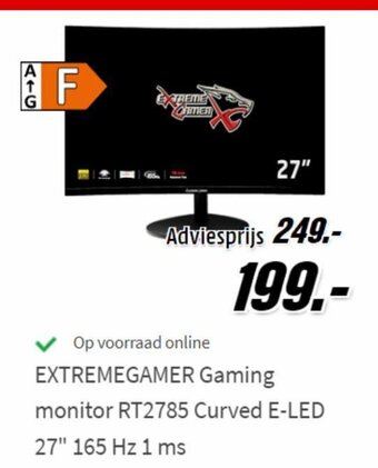MediaMarkt EXTREMEGAMER gaming monitor RT2785 curved E-LED 27'' 165 Hz 1 ms aanbieding