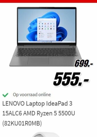 MediaMarkt Lenovo laptop ideapad 3 15ALC6 AMD ryzen 5 5500U aanbieding