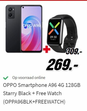 MediaMarkt Oppo smartphone A96 4G 128GB Starry black + free watch aanbieding