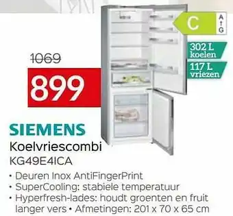 Selexion Siemens koelvriescombi kg49e4ica aanbieding