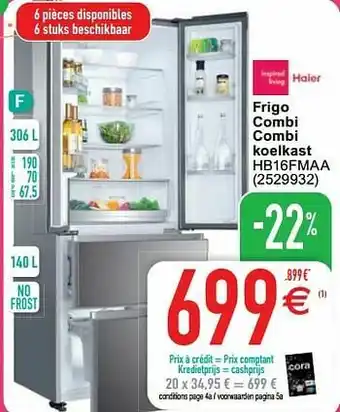 Cora Haier frigo combi combi koelkast hb16fmaa aanbieding