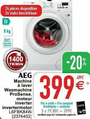 Aeg machine à laver wasmachine prosense, moteur inverter invertermotor l6fbk84w