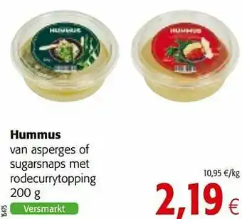 Colruyt Hummus van asperges of sugarsnaps met rodecurrytopping aanbieding