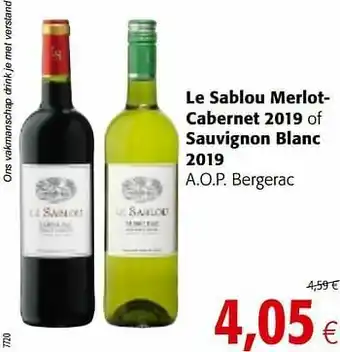 Colruyt Le sablou merlotcabernet 2019 of sauvignon blanc 2019 a.o.p. bergerac aanbieding