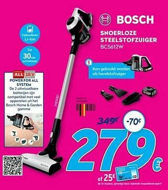 Krëfel Bosch snoerloze steelstofzuiger bcs612w aanbieding