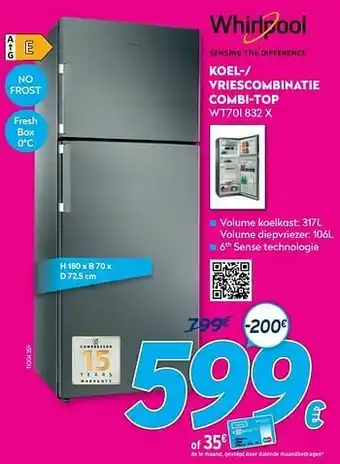 Krëfel Whirlpool koel-- vriescombinatie combi-top wt70i 832 x aanbieding
