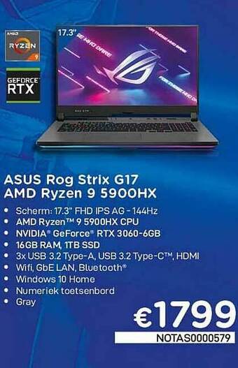 CompuDeals Asus Rog Strix G17 Amd Ryzen 9 5900hx aanbieding