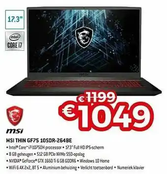 Exellent Msi thin gf75 10sdr-264be aanbieding