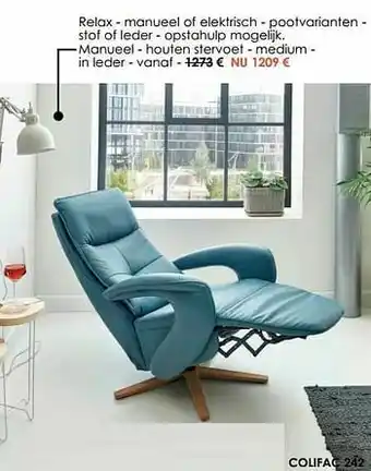 Krea Relax - manueel of elektrisch - pootvarianten - stof of leder - opstahulp mogelijk aanbieding