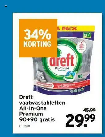 Dreft Vaatwastabletten All-in-one Premium 90+90 Gratis