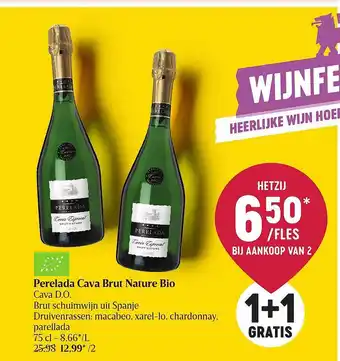 Delhaize Perelada cava brut nature bio 1+1 gratis aanbieding