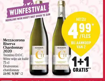 Delhaize Mezzacorona riserva chardonnay 2020 1+1 gartis aanbieding