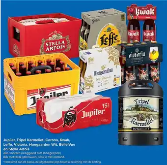 Jupiler, tripel karmeliet, corona, kwak, leffe, victoria, hoegaarden wit, belle-vue en stella artois