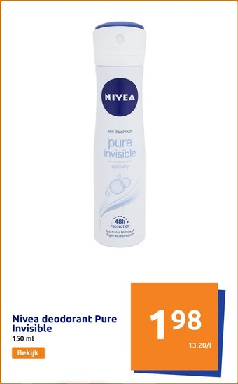 Action Nivea Deodorant Pure Invisible 150 ml aanbieding