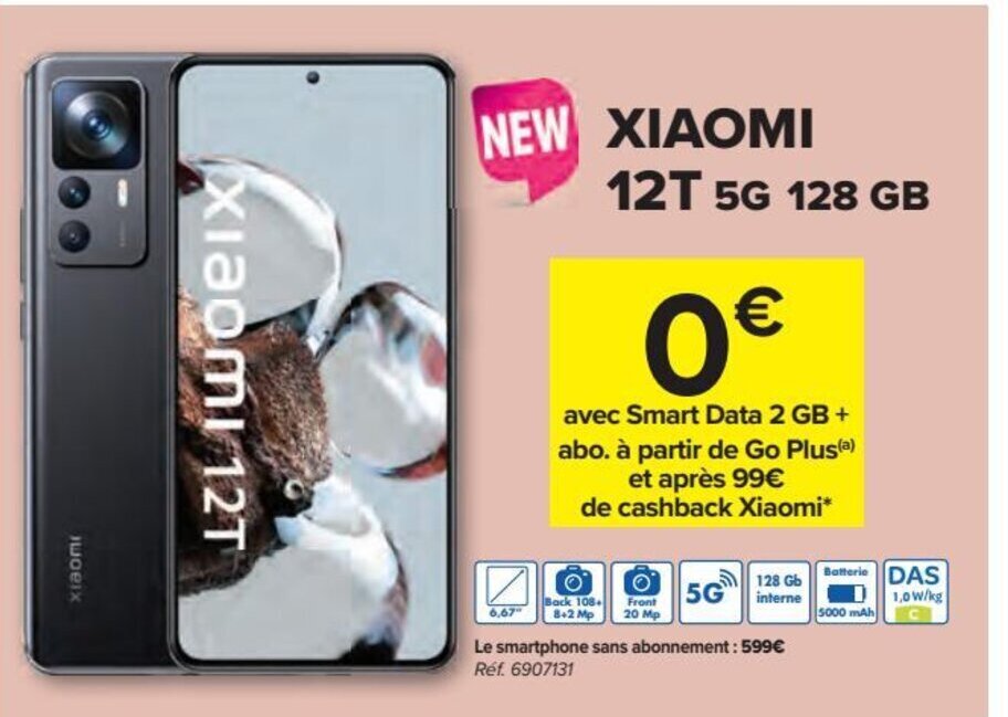 Xiaomi 12T 5G 128GM Avec Smart Data 2GB + Abo a Partir de Go Plus et