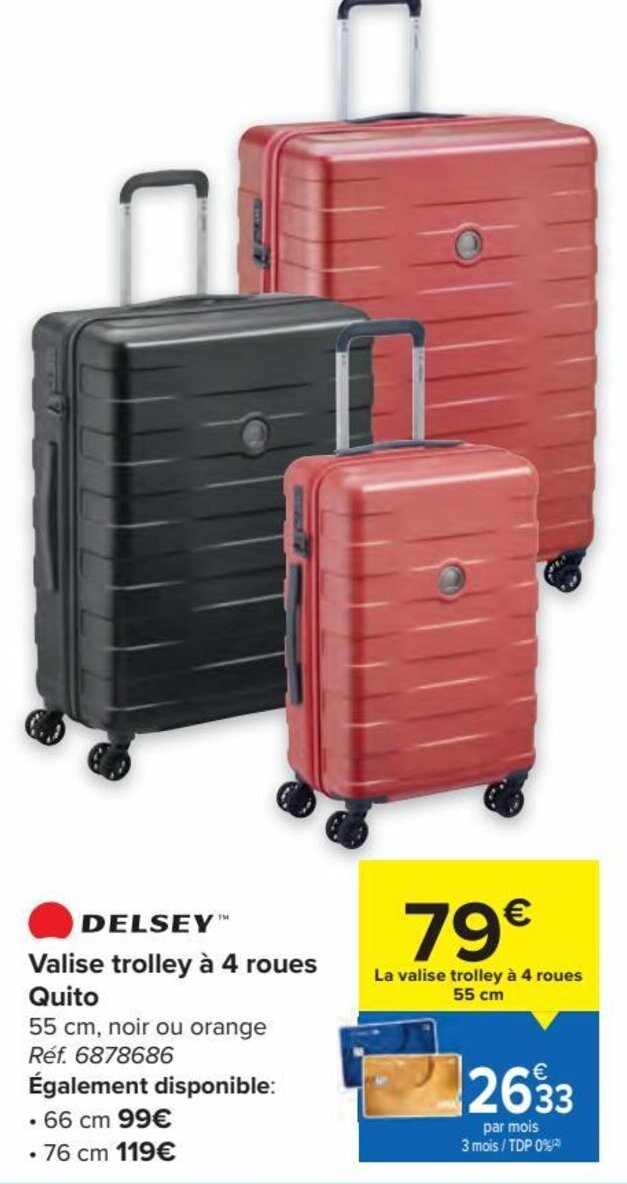 Delsey Valise Trolley a 4 Roues Quito 55cm, Noir ou Orange promotie bij
