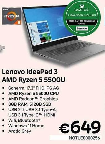 CompuDeals Lenovo ideapad 3 amd ryzen 5 5500u aanbieding