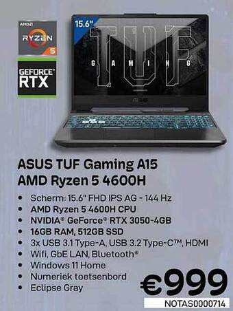 CompuDeals Asus tuf gaming a15 amd ryzen 5 4600h aanbieding