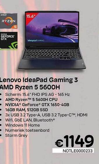 CompuDeals Lenovo ideapad gaming 3 amd ryzen 5 5600h aanbieding