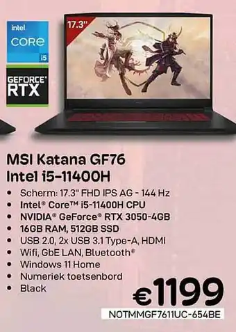 CompuDeals Msi katana gf76 intel i511400h aanbieding