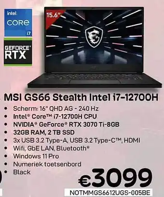 CompuDeals Msi gs66 stealth intel i712700h aanbieding