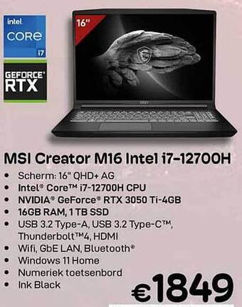 CompuDeals Msi creator m16 intel i712700h aanbieding