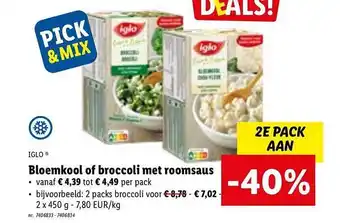 Lidl Iglo bloemkool of broccoli met roomsaus aanbieding