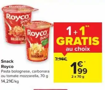 Carrefour Royco Snack Pasta Bolognese, Carbonara ou Tomate Mozzarella 70g aanbieding