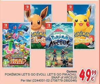Cora Games pokémon let's go evoli, let's go pikachu, snap of arceus aanbieding