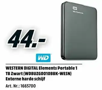 MediaMarkt Western digital elements portable 1 tb zwart wdbuzg0010bbk-wesn externe harde schijf aanbieding