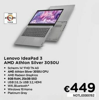 CompuDeals Lenovo ideapad 3 amd athlon silver 3050u aanbieding