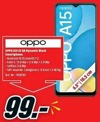 MediaMarkt Oppo a15 32 gb dynamic black smartphone aanbieding