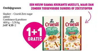 Delhaize Quaker - Cruesli Zero Sugar Ontbijtgranen aanbieding